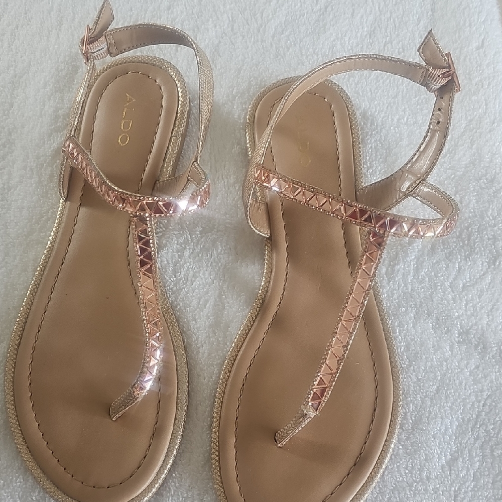 Aldo Rose Gold T-Strap Pyramid-Stud Sandals